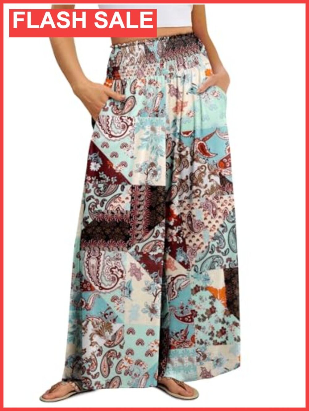 KISSMODA Palazzo Pants Wide Leg High Smocked Waist Flowy Beach Trousers with